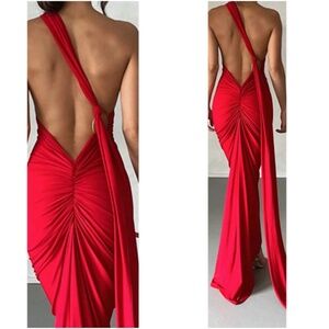 Luxe Backless Asymmetrical Neck Bodycon Party Formal Dress